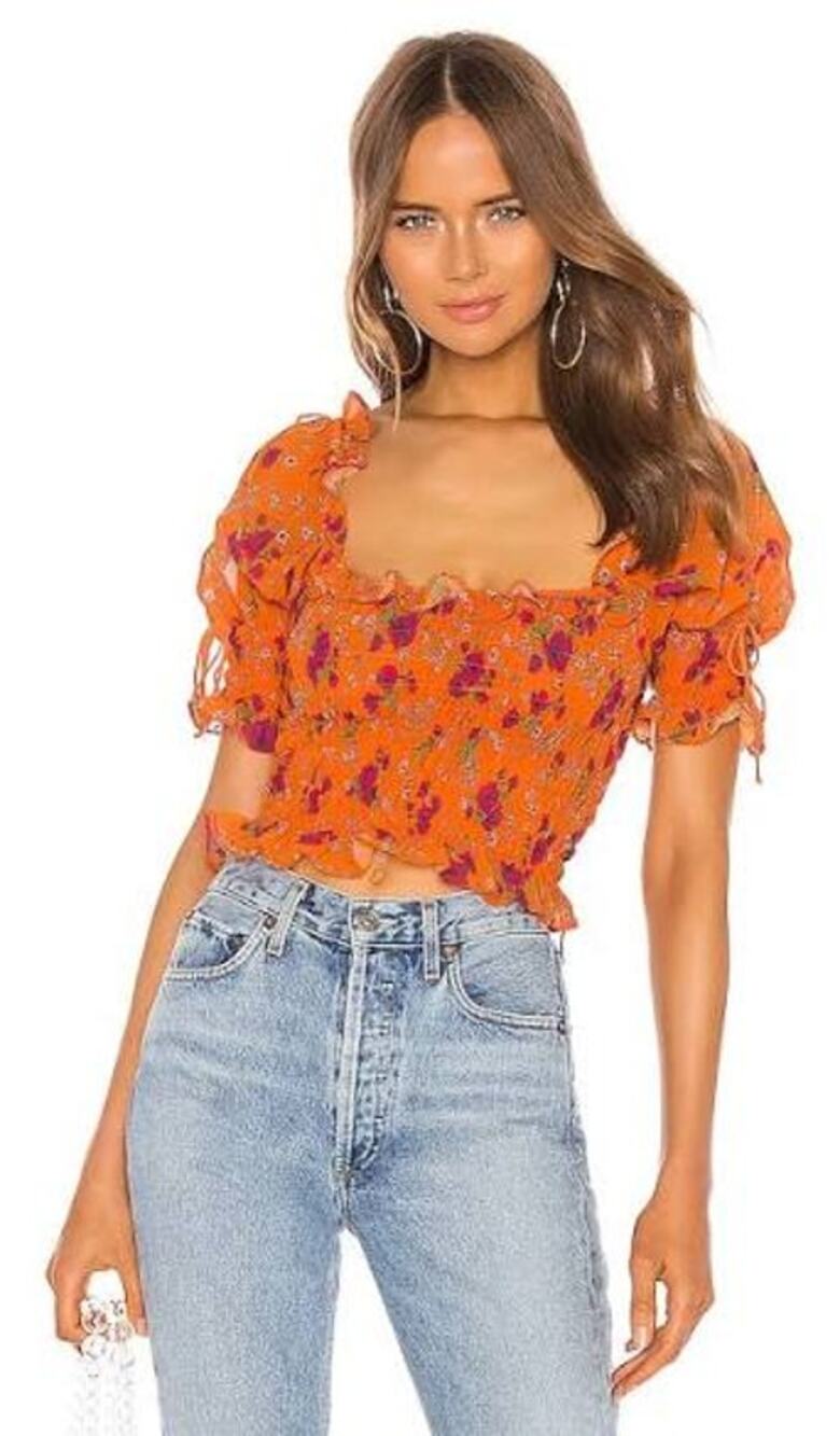 For Love & Lemons Coquette Peony Smocked Top Cropped Feminine Women XS